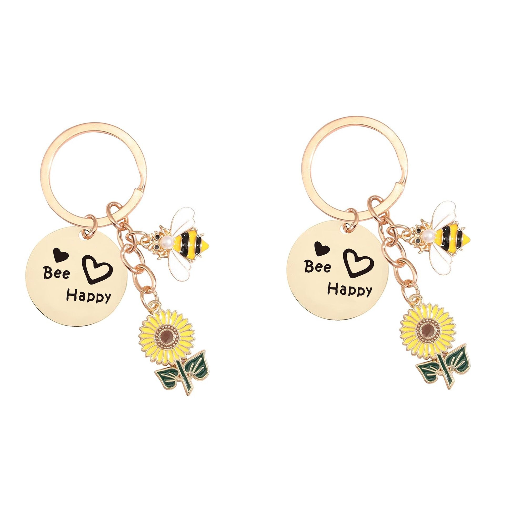 2 Pack Bee Happy Sunflower Keychain with Bee Charm Round Tag and Key Ring Bag Accessory