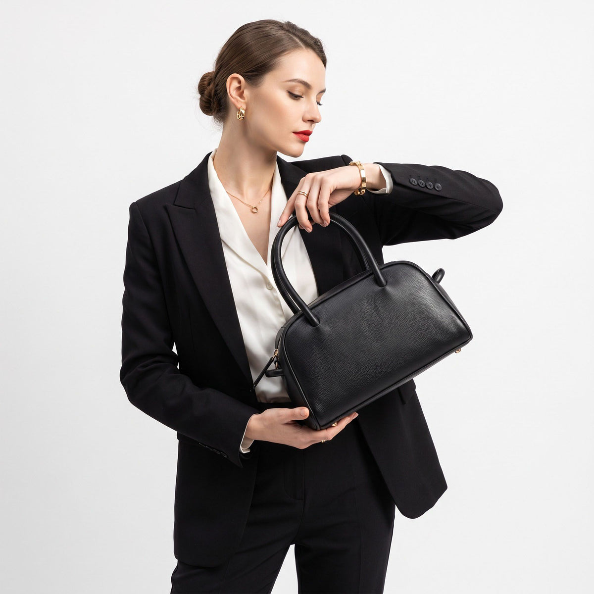 Structured Top Handle Handbag with Zipper Closure and Double Handles
