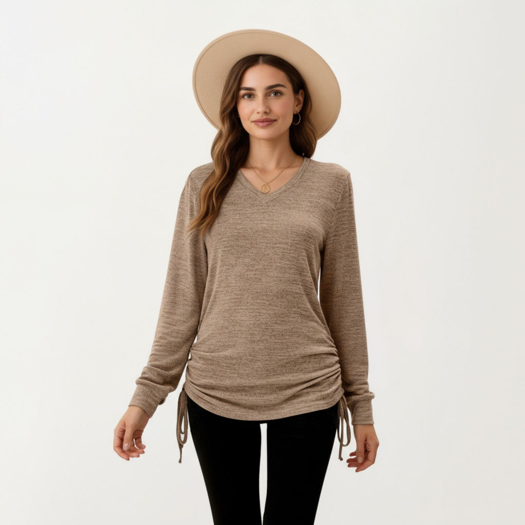 Anna-Kaci Women's Long Sleeve V-Neck Top with Side Drawstring Ruched Hem