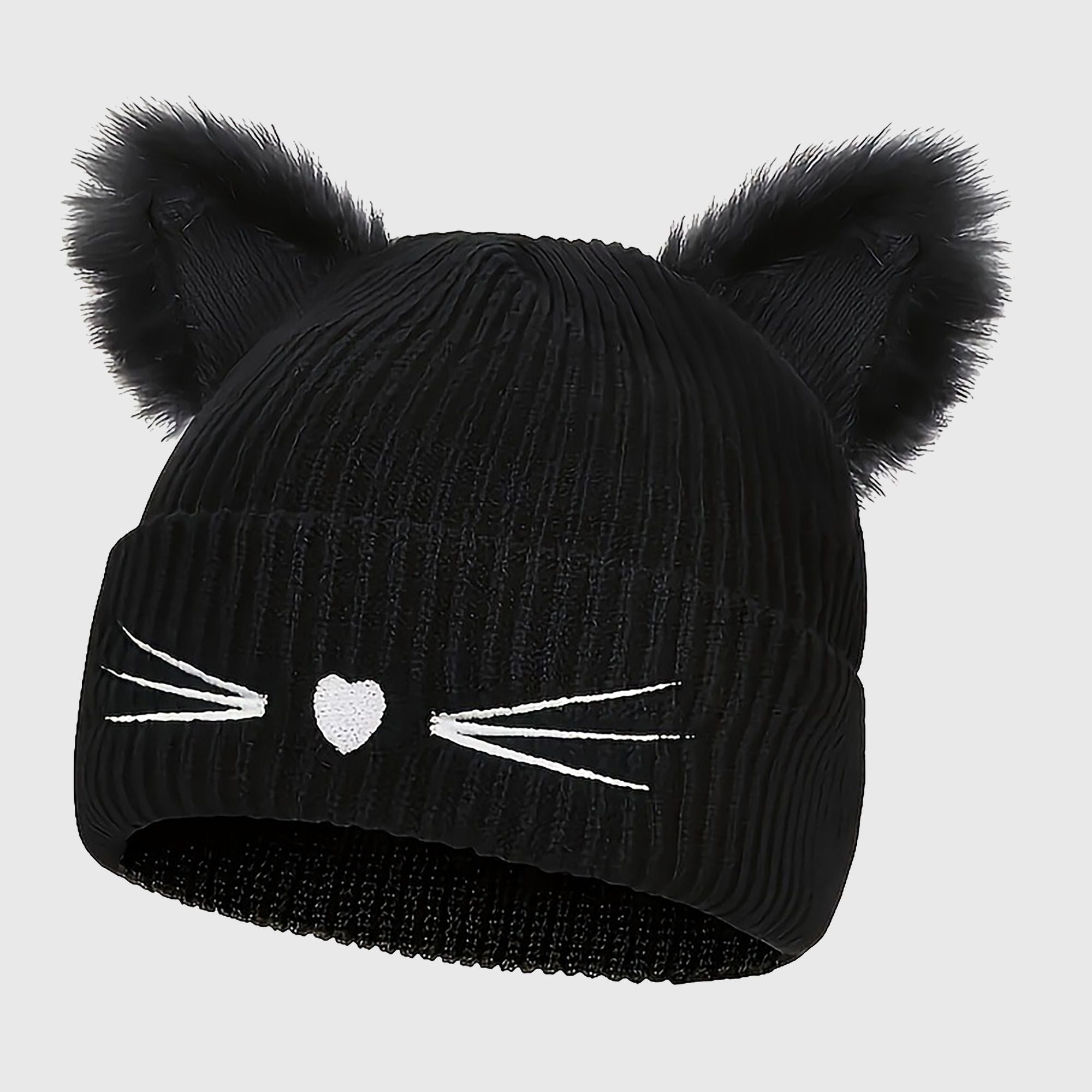 Anna-Kaci Women's Cat Ear Knit Beanie - Faux Fur Ears with Valentine Heart Whisker Embroidery for Cute Casual Winter Wear