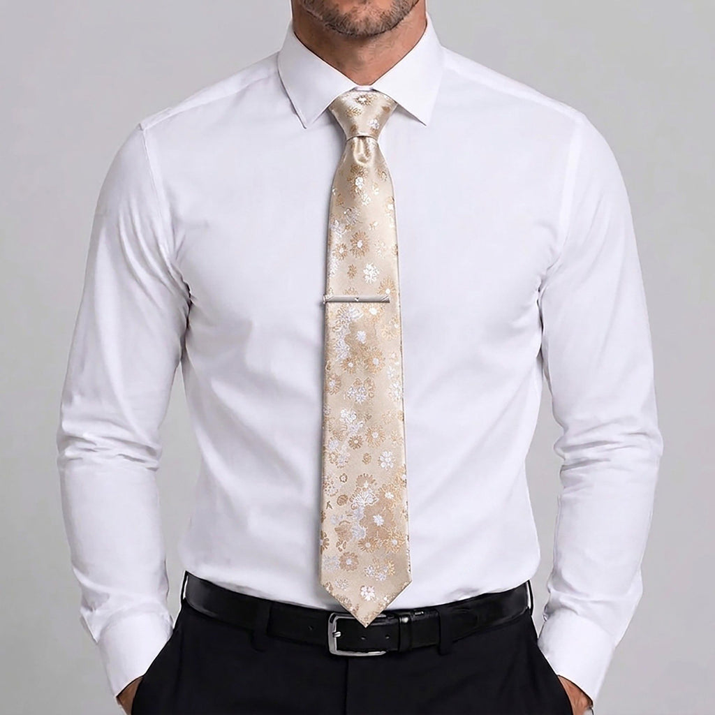 Men's Paisley Floral Tie Gift Set with Matching Pocket Square Cufflinks and Silver Tie Clip