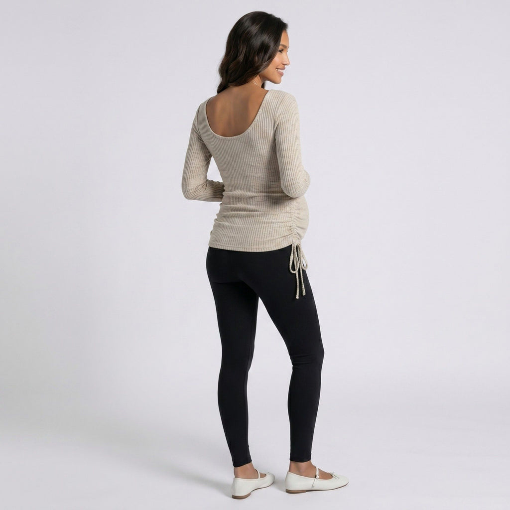 Anna-Kaci Women's Maternity Ribbed Long Sleeve Top with Scoop Neck and Side Ruched Tie Detail