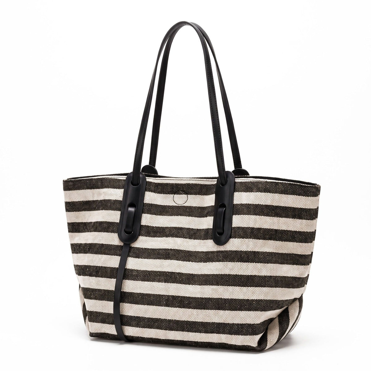 Striped Canvas Tote Bag with Long Shoulder Handles and Interior Pockets