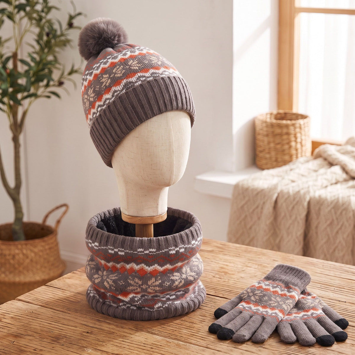 3 Piece Fair Isle Pom Beanie Neck Warmer and Gloves Set