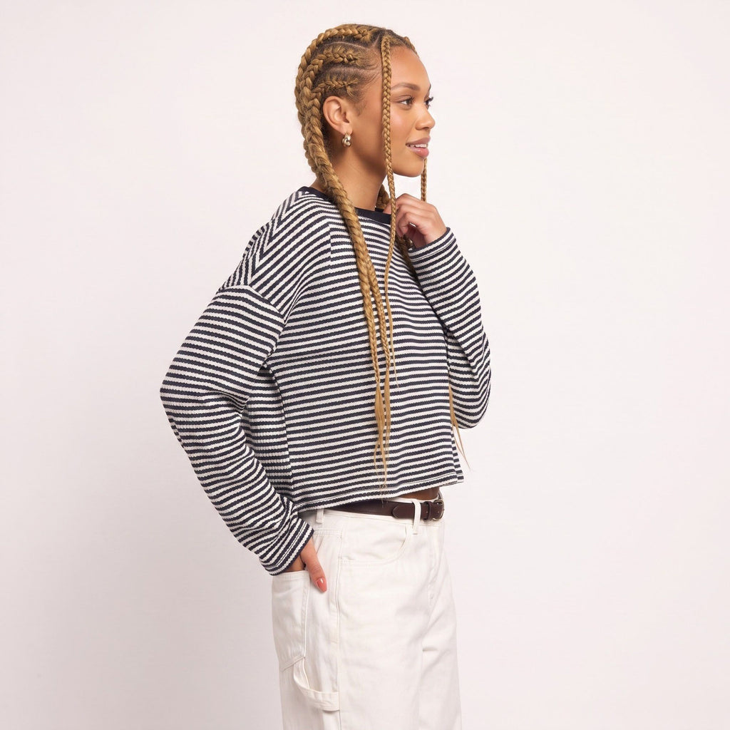 Striped Textured Knit Drop Shoulder Cropped Sweater