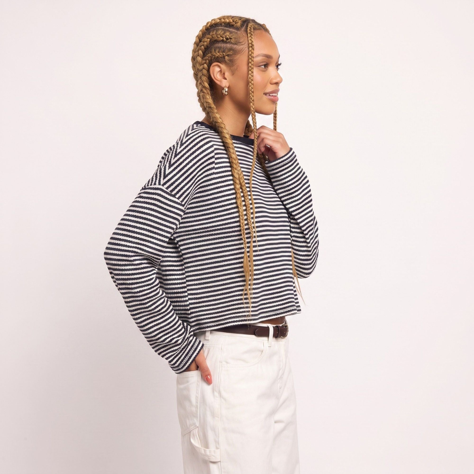 Striped Textured Knit Drop Shoulder Cropped Sweater