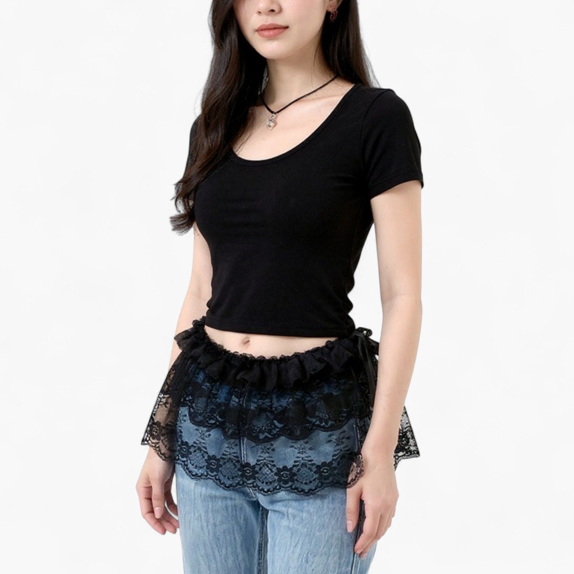 Anna-Kaci Women's Ruffled Lace Overlay Waist Belt with Scalloped Hem and Ribbon Tie 45.5in