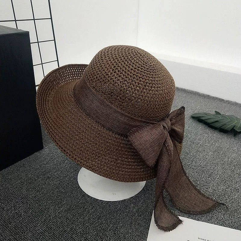 Anna-Kaci Women Straw Sun Hat Wide Brim Woven Beach Hat Bow Tie Detail Breathable Summer Hat