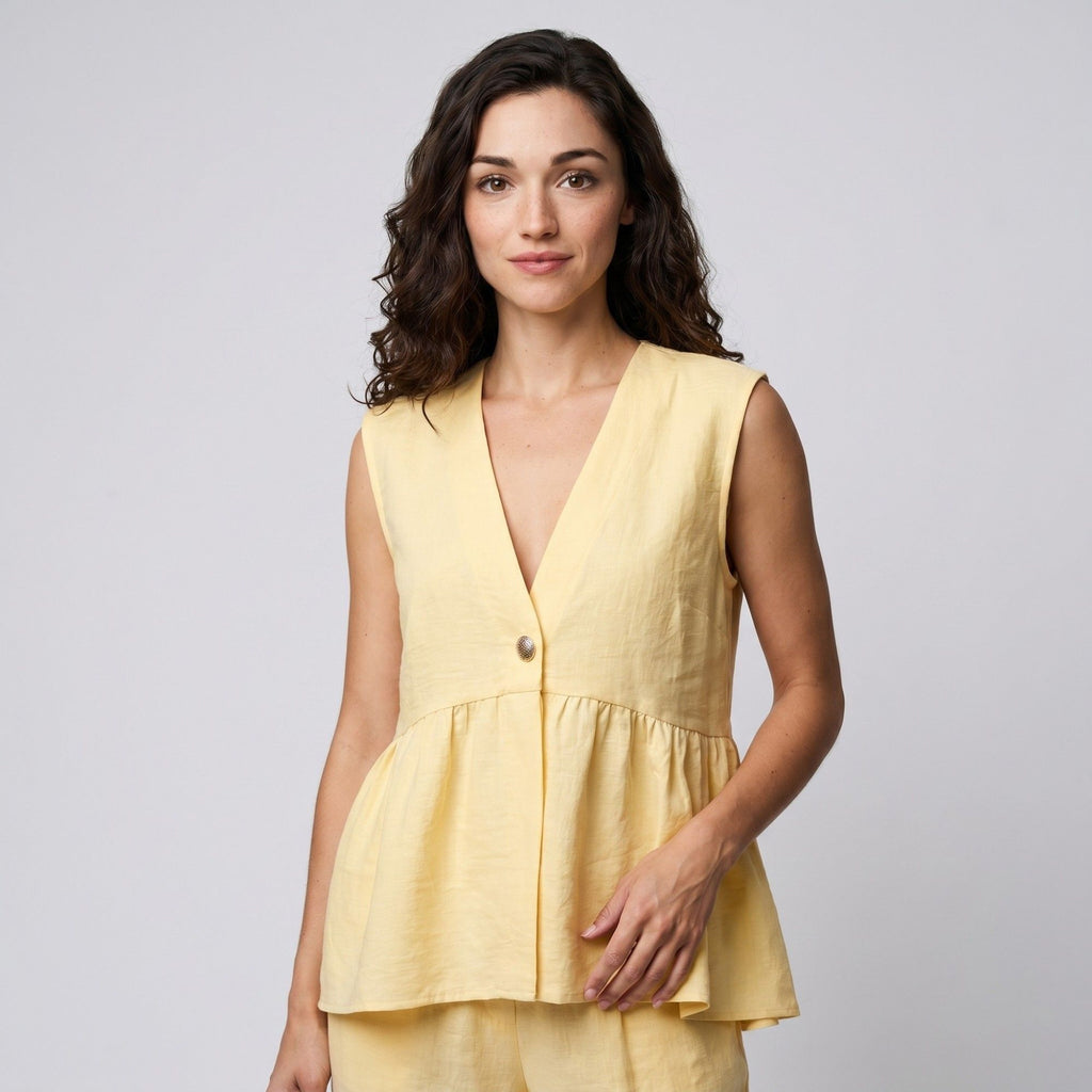 Anna-Kaci Womens 2-Piece Set Sleeveless V Neck Peplum Top and Matching Wide Leg Pants with Textured Woven Look