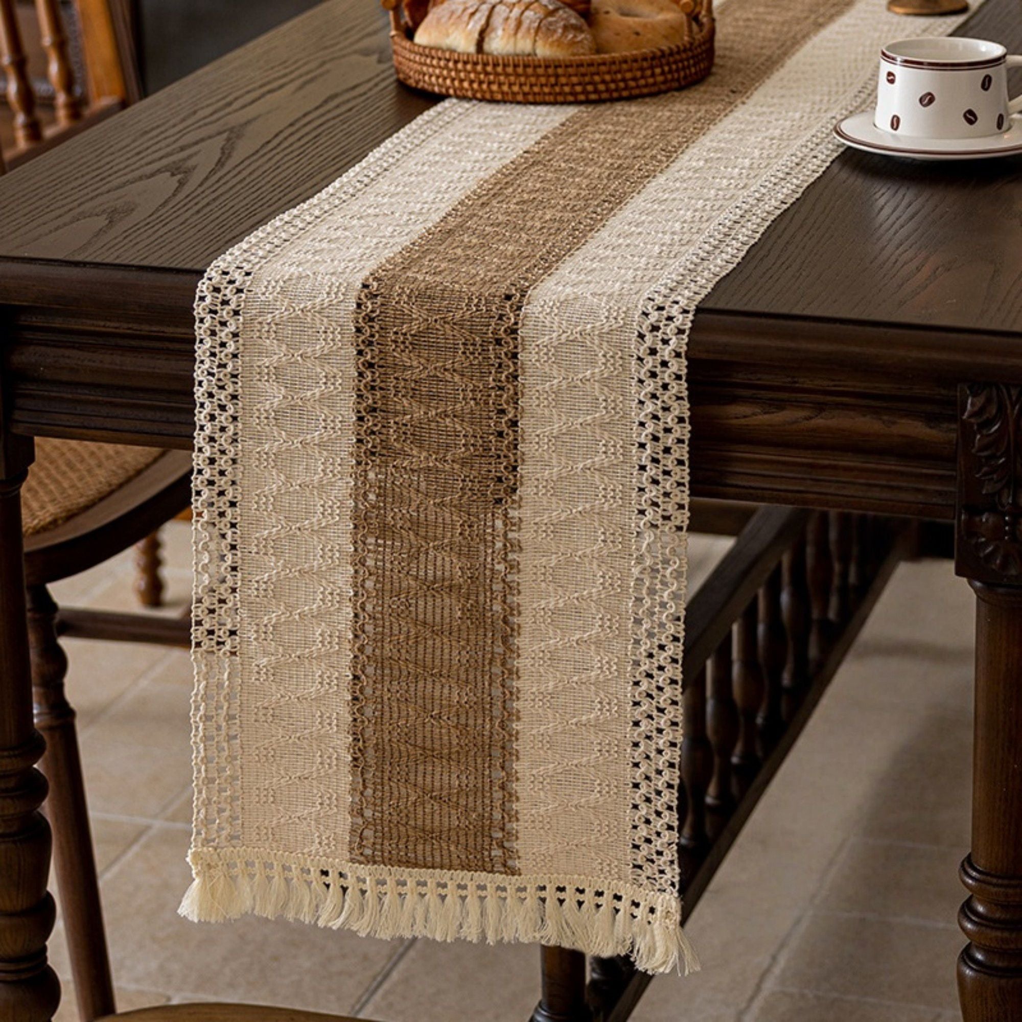 Textured Woven Table Runner with Fringe Trim and Neutral Stripe Pattern 47x11.8 in