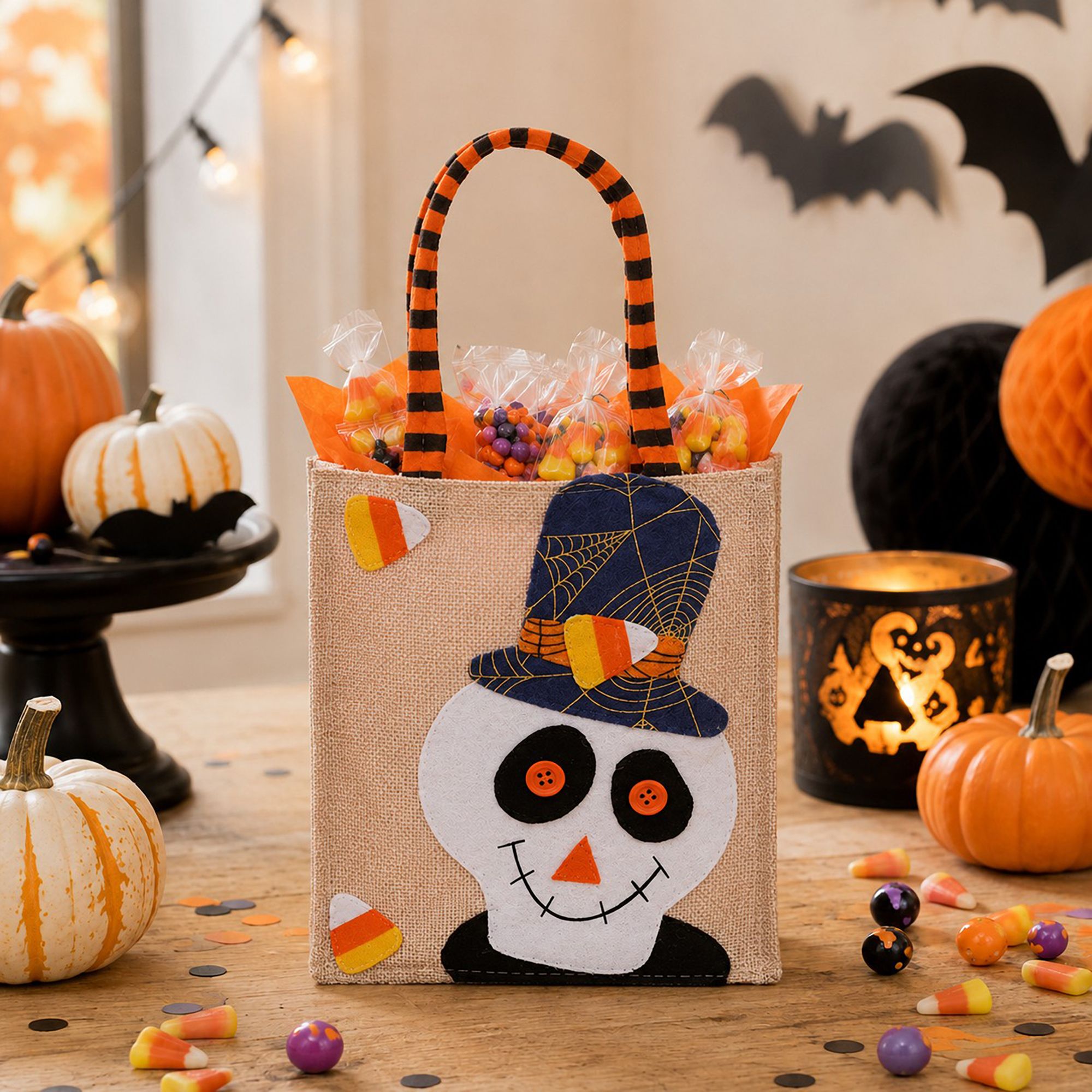 Halloween Burlap Trick or Treat Tote Bag with Character Applique