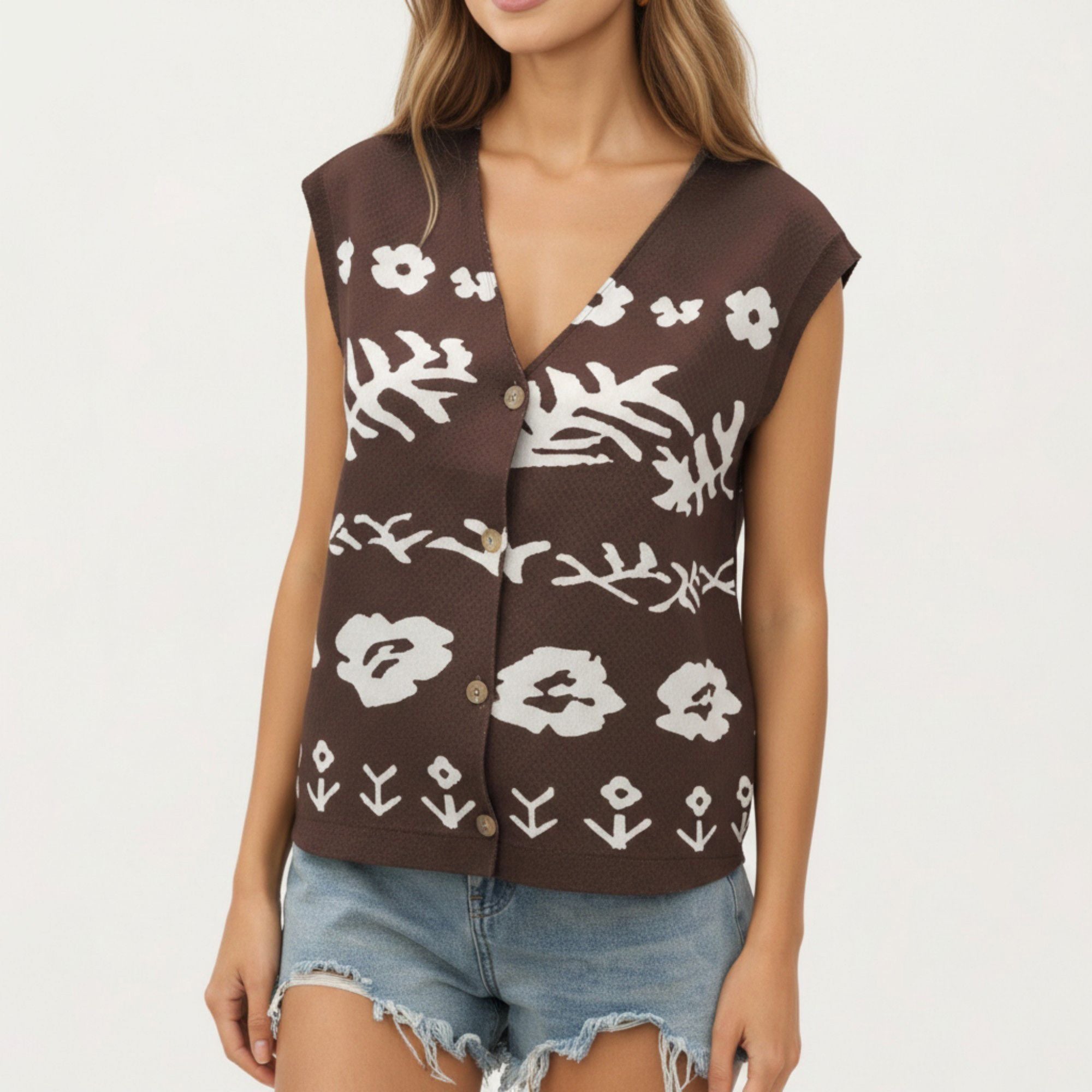 Anna-Kaci Women's Sleeveless Floral Knit Vest Top with V-Neck Front and Button Detail