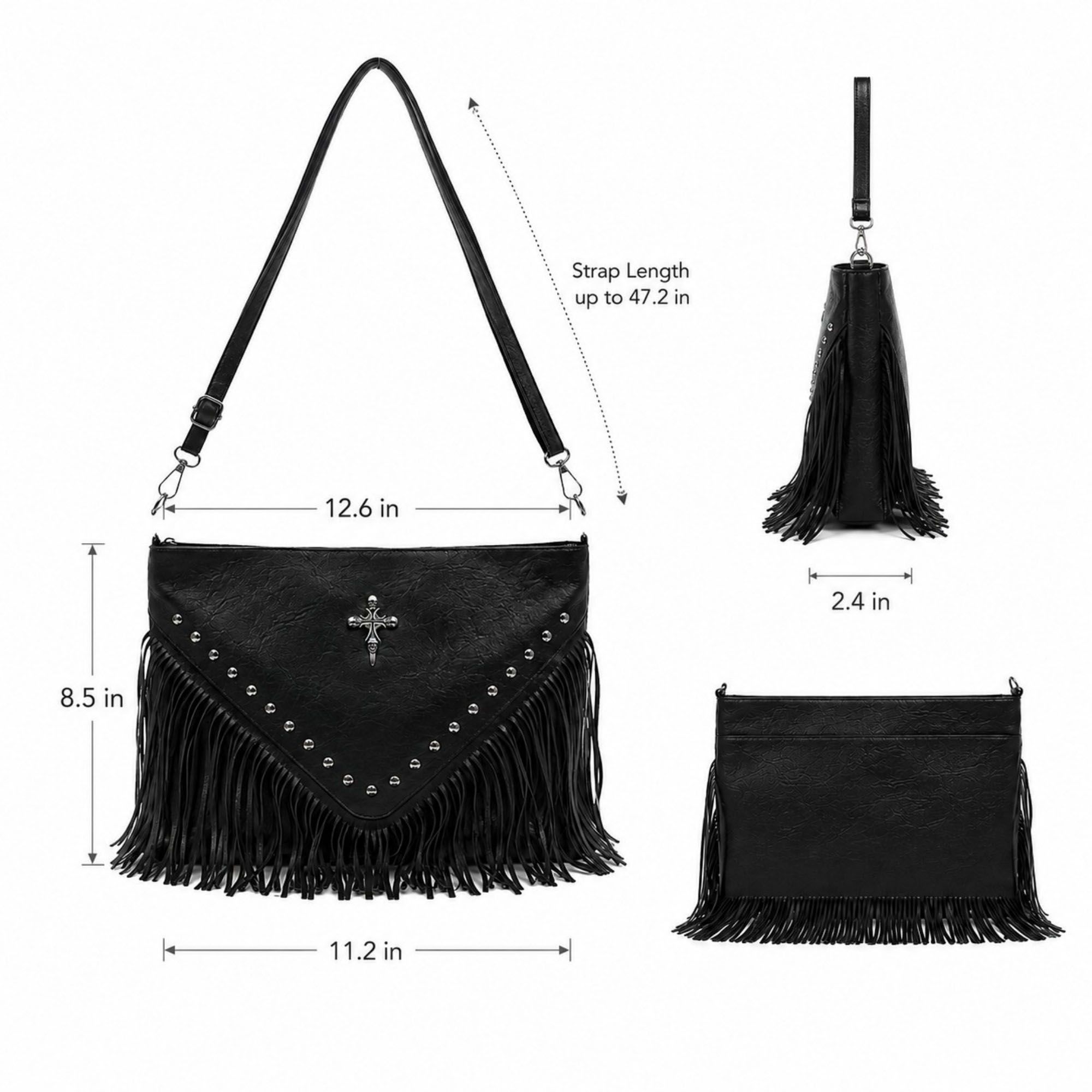 Studded Fringe Shoulder Bag with Adjustable Strap and Zip Closure
