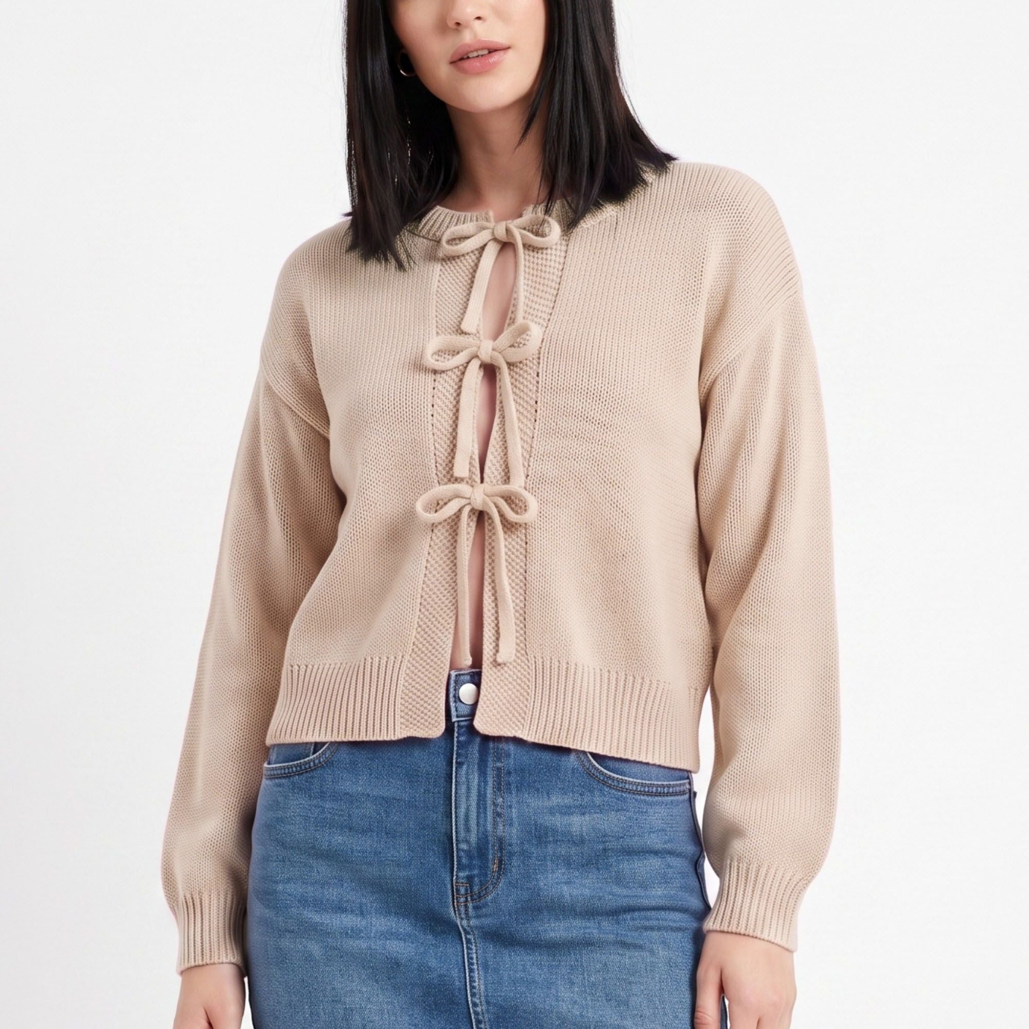 Tie-Front Long Sleeve Cropped Knit Cardigan