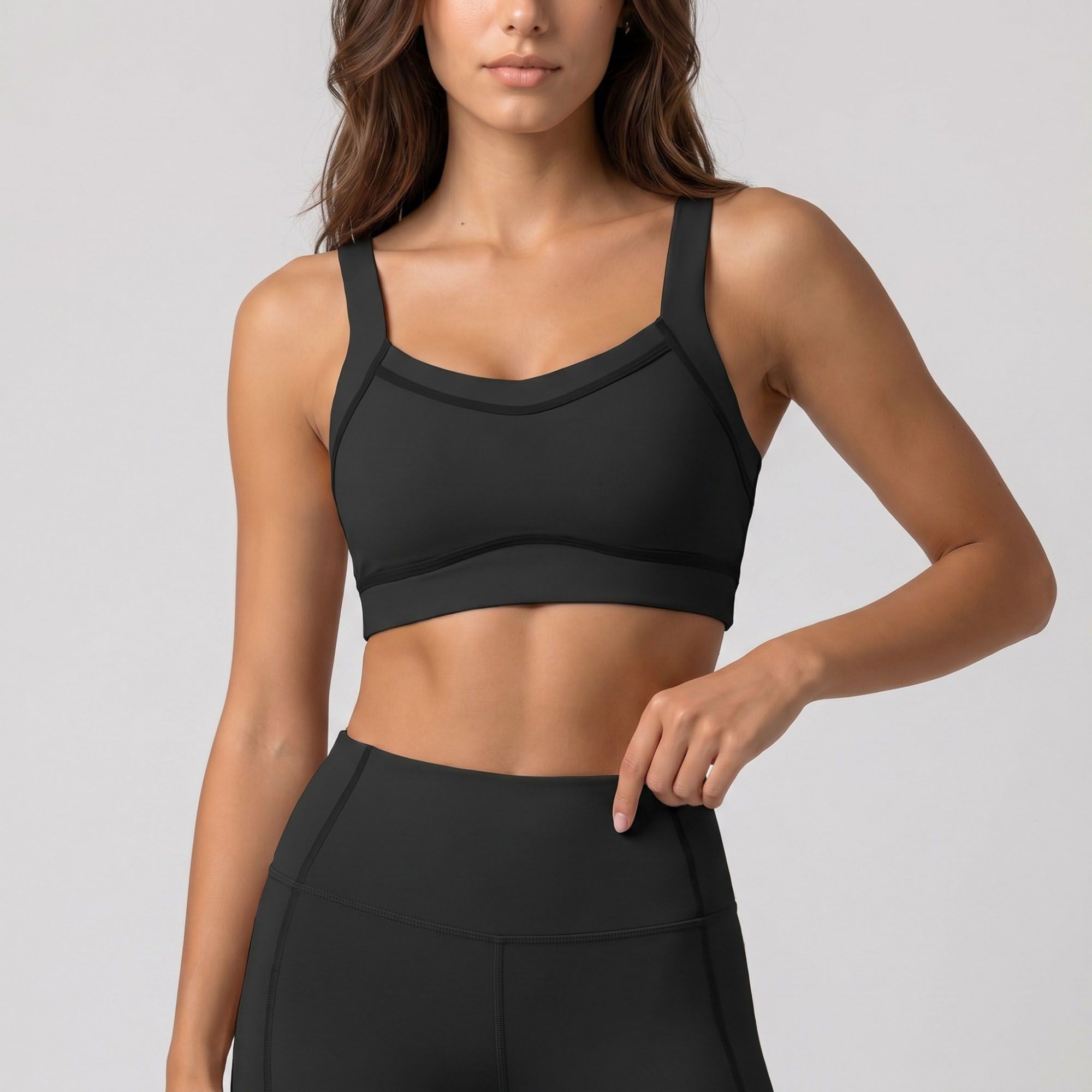 Wide Strap Sports Bra Scoop Neck High Impact Supportive Workout Yoga Gym Crop Top