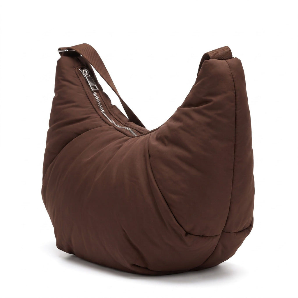 Padded Crescent Shoulder Bag with Wide Strap and Top Zipper Closure 13x7.5x2.5in