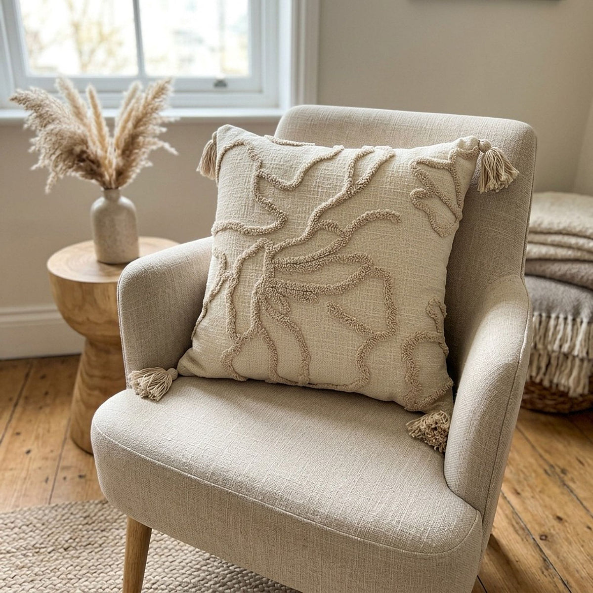 Tufted Abstract Floral Decorative Throw Pillow Cover with Corner Tassels 17.7 x 17.7in