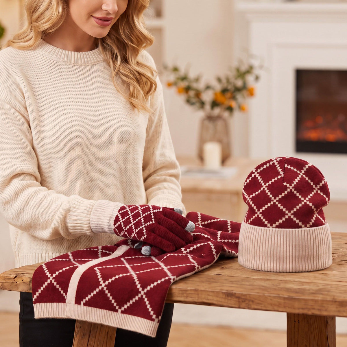 3 Piece Argyle Beanie Scarf and Touchscreen Gloves Winter Set