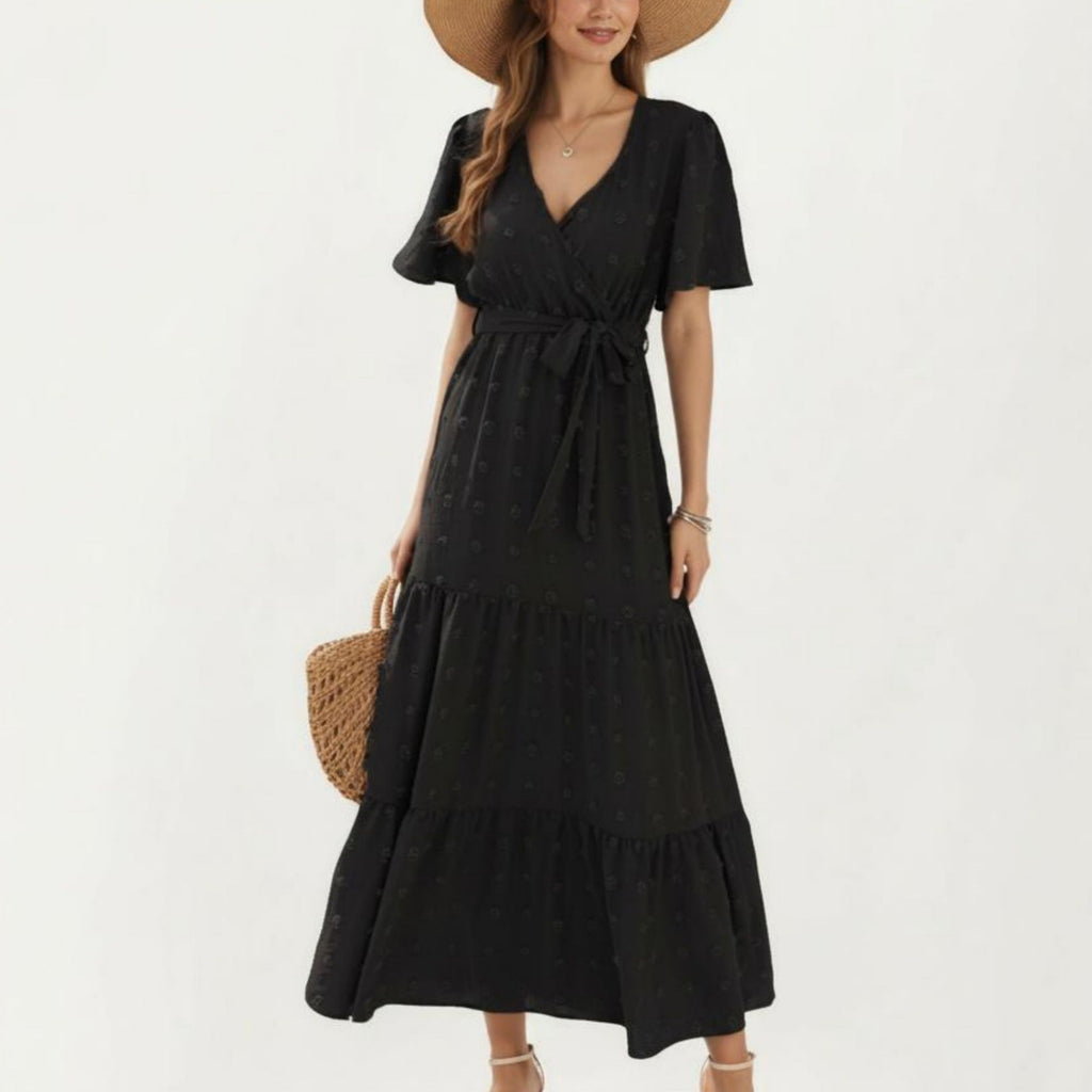 Anna-Kaci Women's Short Sleeve Maxi Dress with Wrap Front Waist Tie and Tiered Skirt