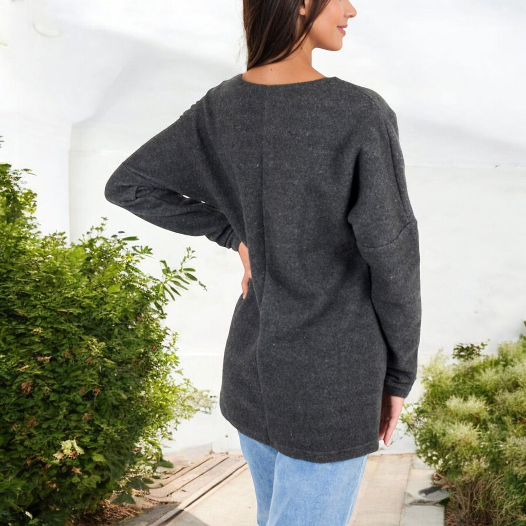 Anna-Kaci Women's Long Sleeve V-Neck Tunic Sweater with Seam Detail