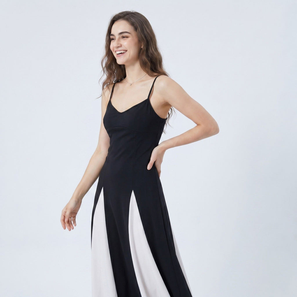Anna-Kaci Women's Spaghetti Strap Colorblock Fit and Flare Midi Dress