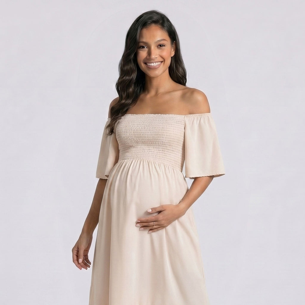 Maternity Off Shoulder Smocked Maxi Dress with Short Sleeves and Flowy Skirt