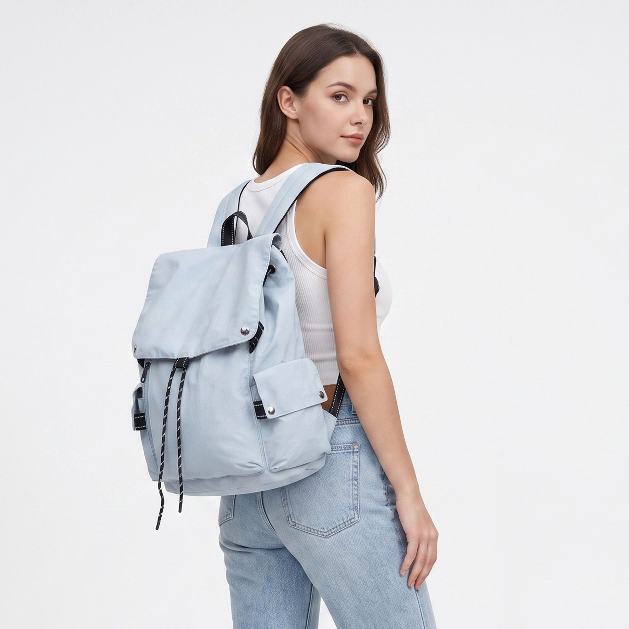 Canvas Flap Backpack with Drawstring Closure Side Pockets and Adjustable Shoulder Straps