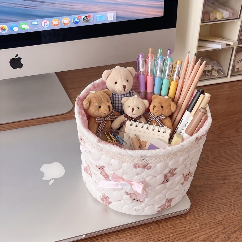 Quilted Round Fabric Storage Basket with Bow and Lace Trim