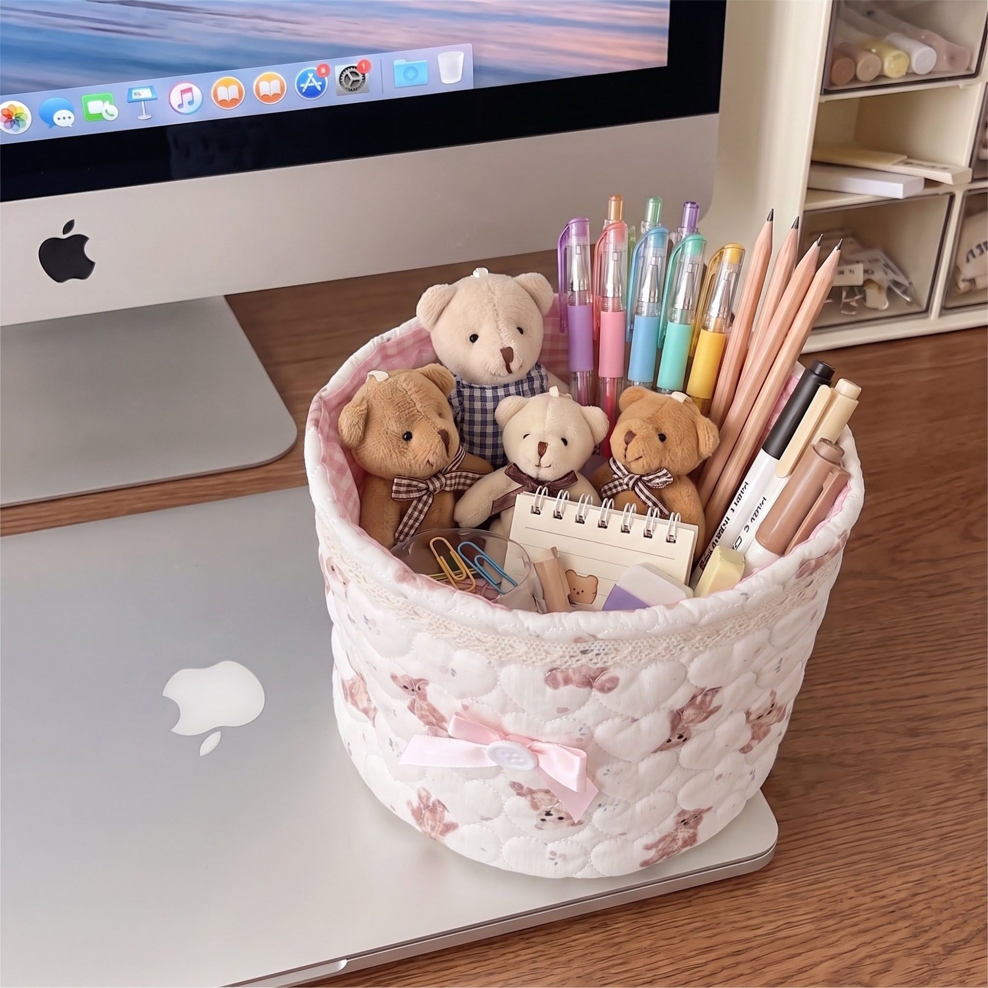 Quilted Round Fabric Storage Basket with Bow and Lace Trim