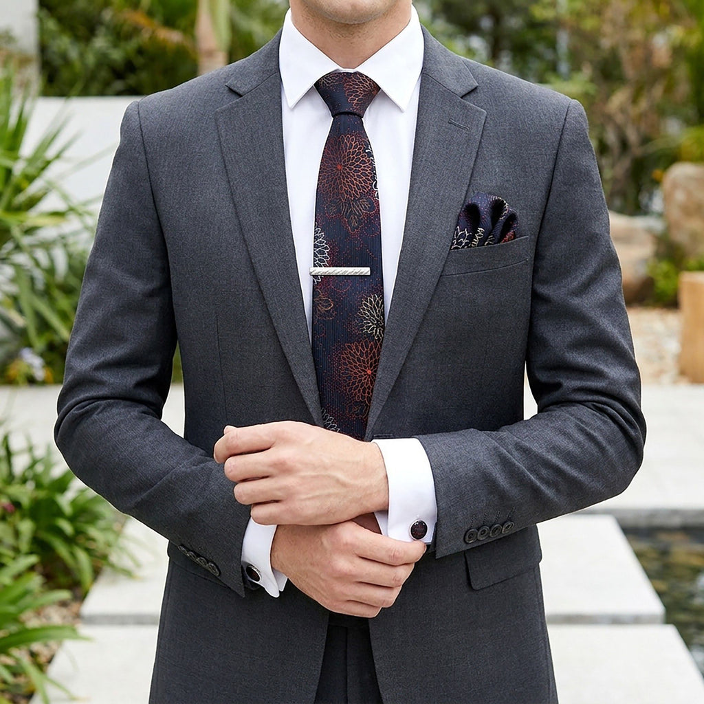 Men's Floral Pattern Tie Gift Set with Matching Pocket Square Cufflinks and Silver Tie Clip