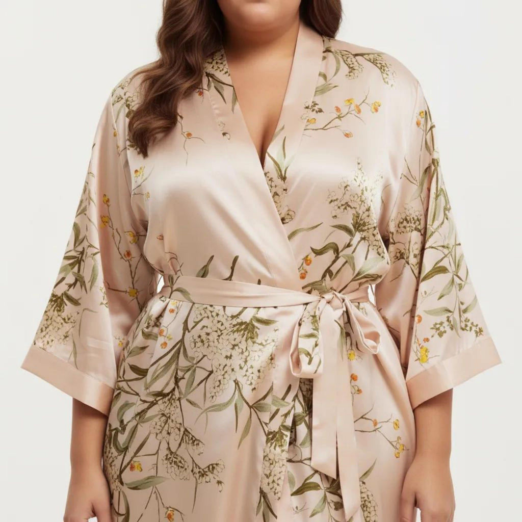 Anna-Kaci Lounge Women's Plus Size Satin Floral Kimono Robe with Self Tie Belt Longline Open Front Lightweight Sleepwear