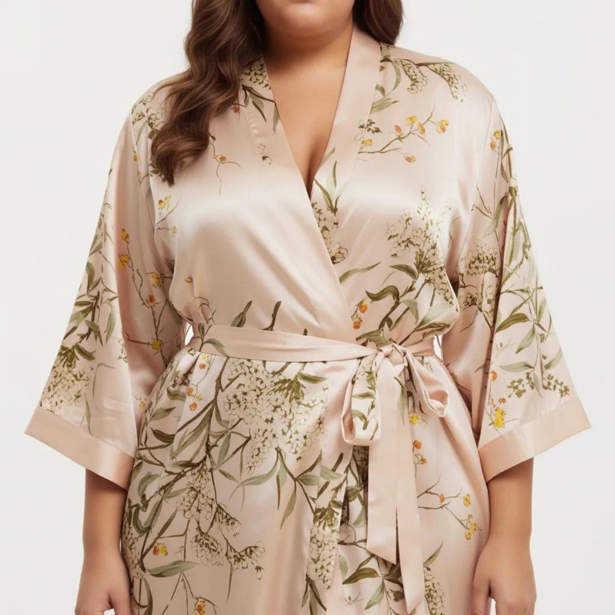 Anna-Kaci Lounge Women's Plus Size Satin Floral Kimono Robe with Self Tie Belt Longline Open Front Lightweight Sleepwear