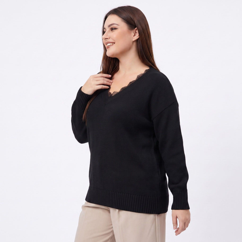 Plus Size Lace Trim V-Neck Relaxed Fit Sweater