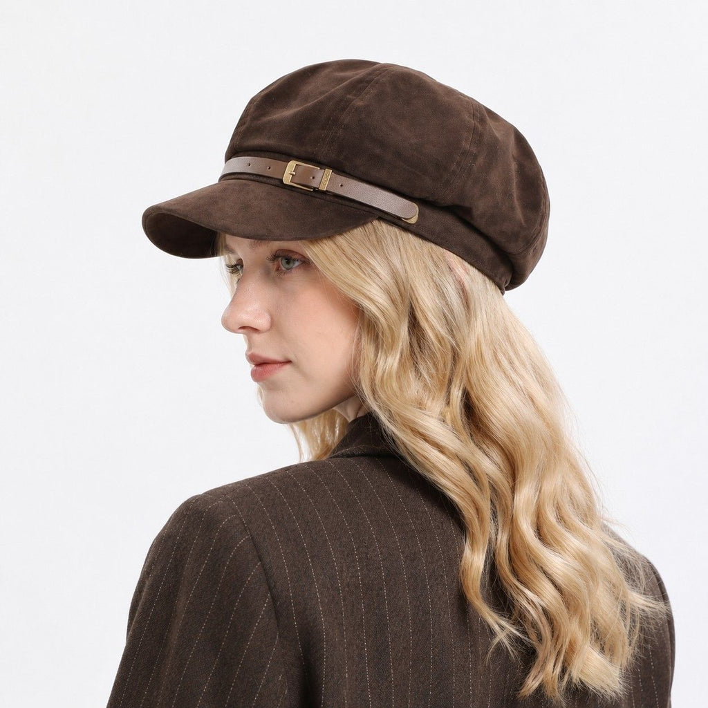 Faux Suede Newsboy Cap Vintage Baker Boy Hat with Buckle Band