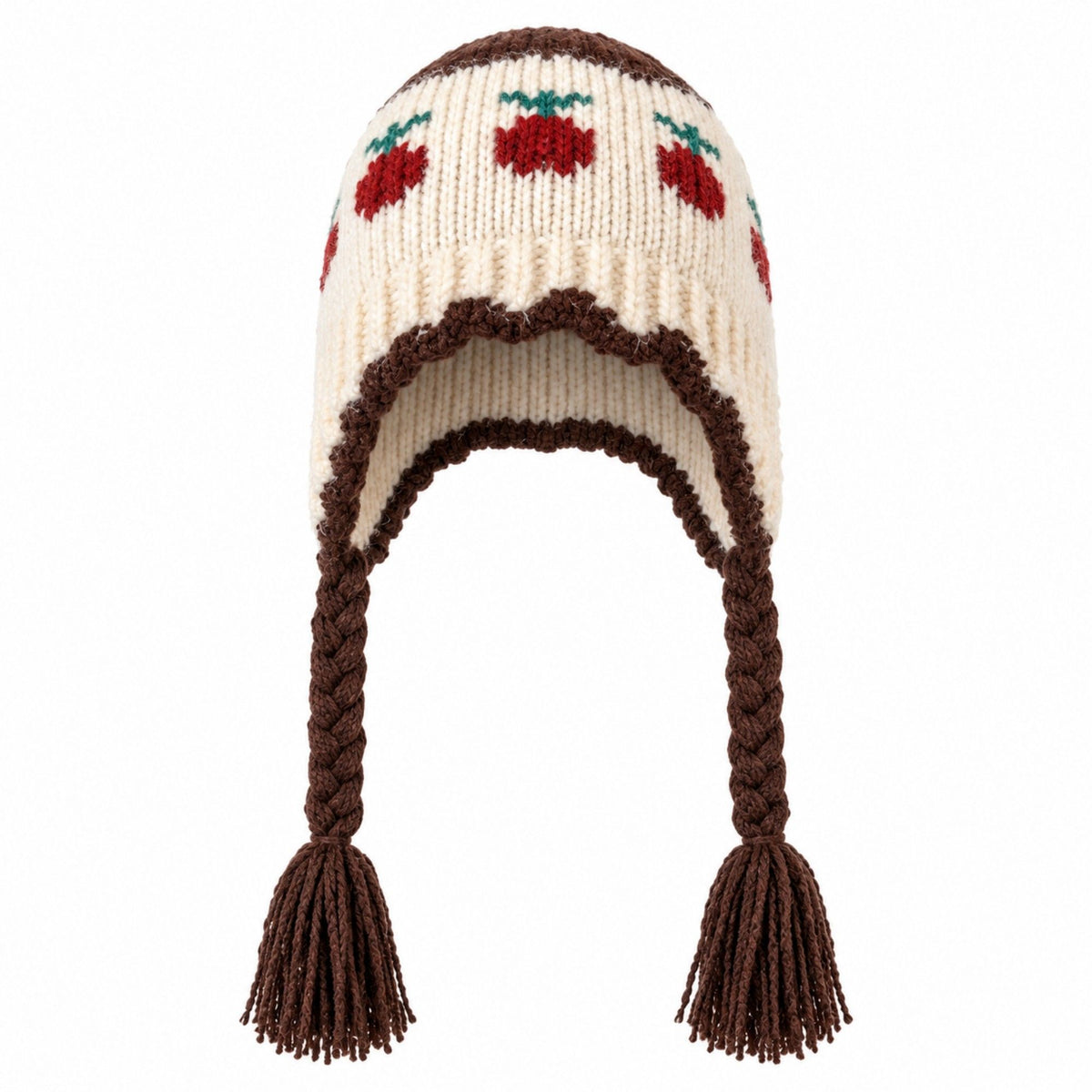 Fruit Pattern Knit Earflap Hat with Braided Tassels