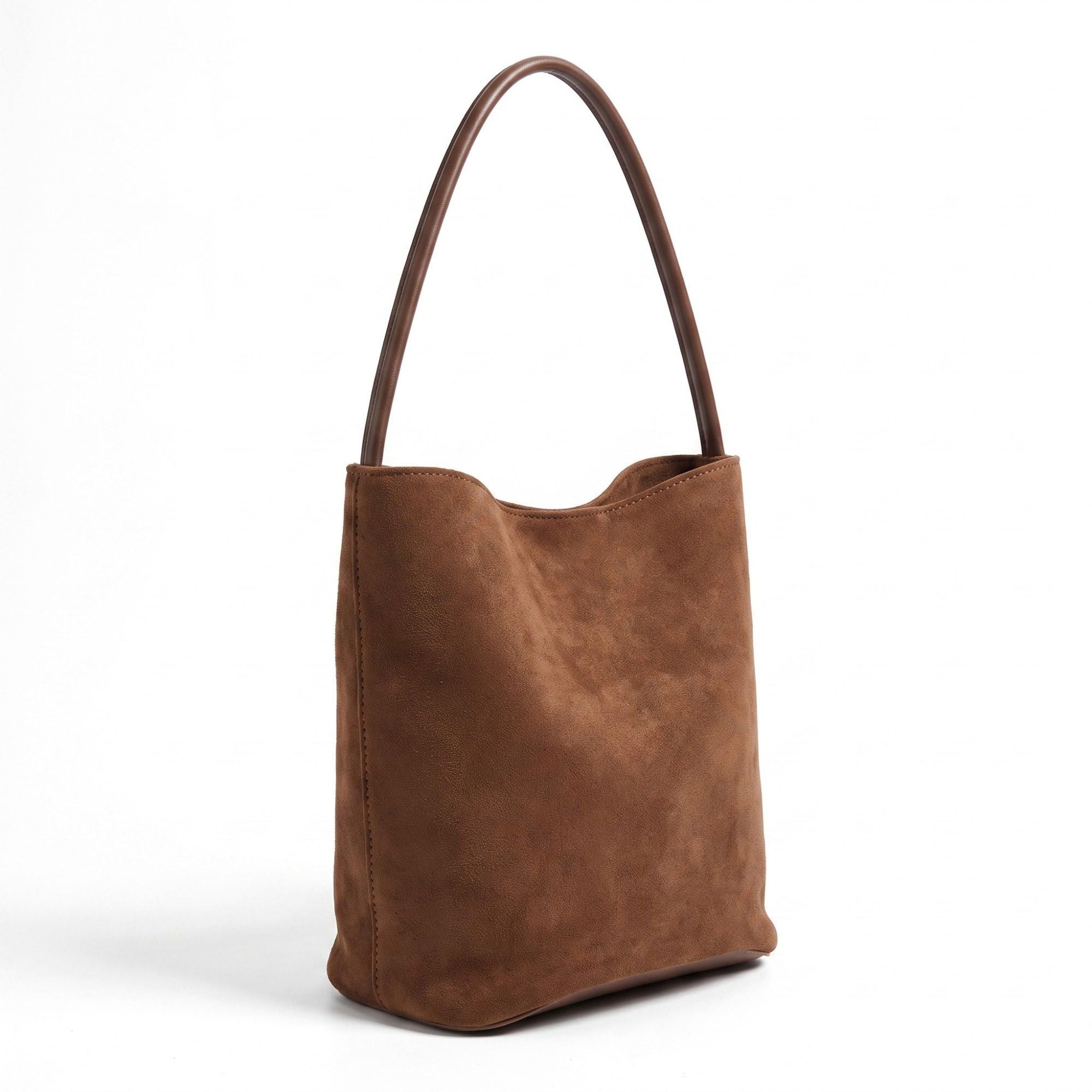 Suede-Look Bucket Shoulder Bag with Long Strap and Soft Structured Shape 9x7.5x6.5in