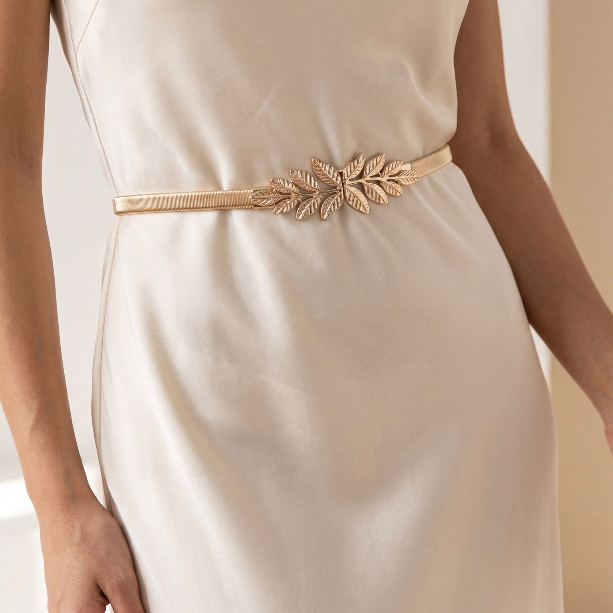 Dual Leaf Elastic Metal Waist Belt Adjustable Minimalist Leaf Waist Jewelry 47.2in