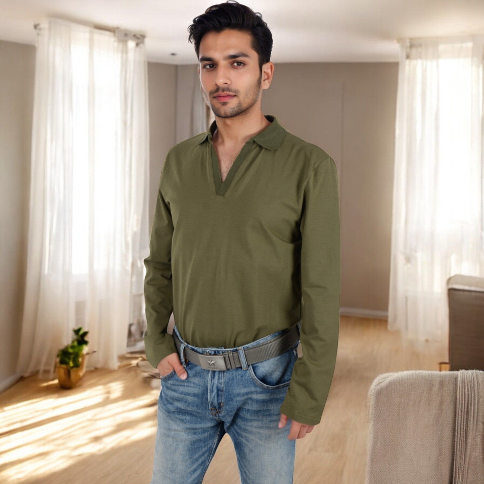 Anna-Kaci Men's Long Sleeve Polo Shirt with Spread Collar and Relaxed Fit