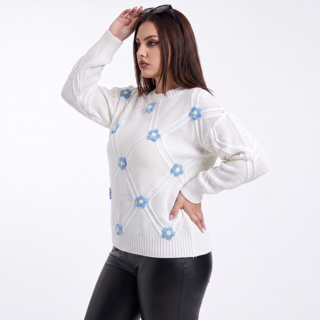 Plus Size Floral Applique Textured Crewneck Sweater