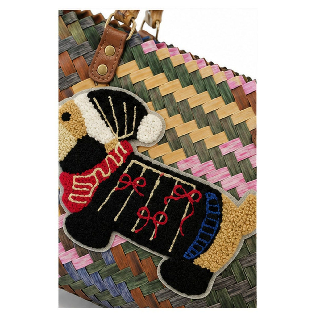 Woven Bamboo Handle Tote Handbag with Whimsical Dachshund Applique, Structured Shape and Roomy Interior
