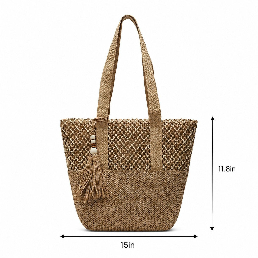 Woven Straw Tote Bag with Zip Closure Shoulder Straps and Tassel Accent