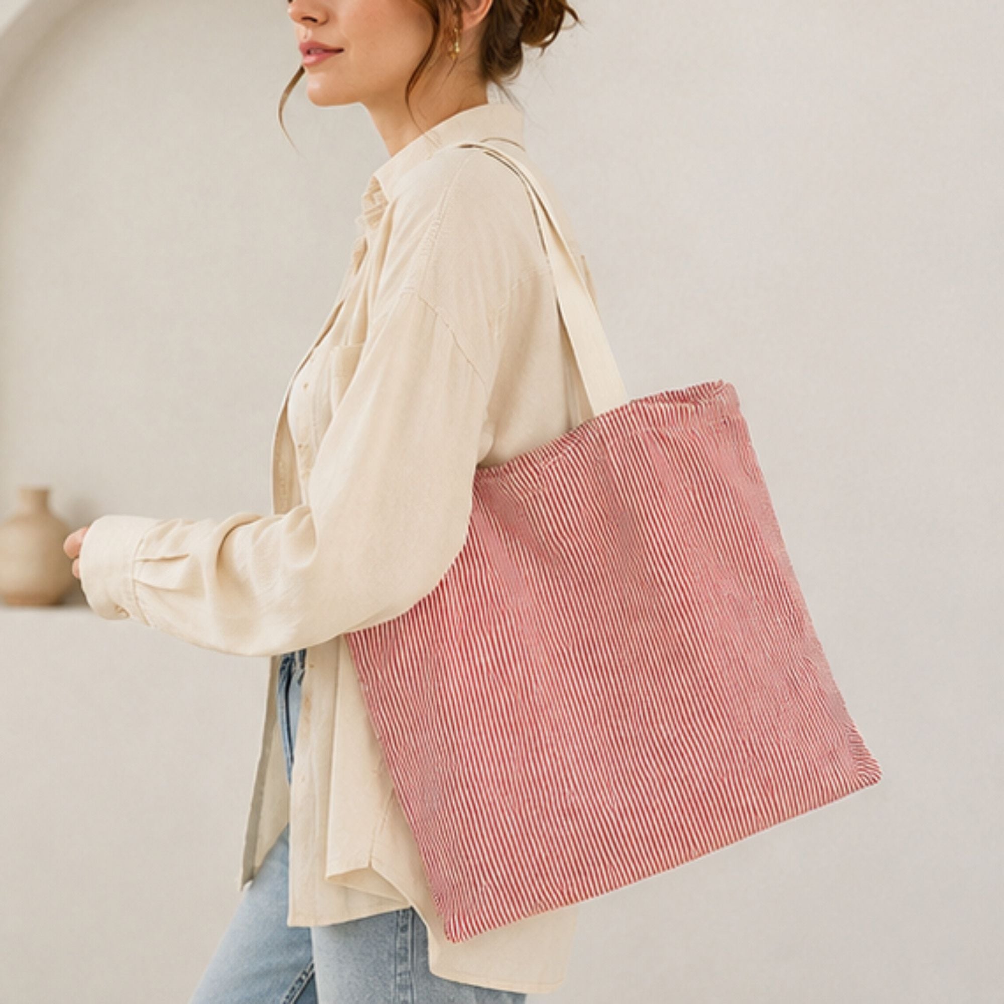 Striped Canvas Tote Bag Colorblock Large Capacity Shoulder Bag