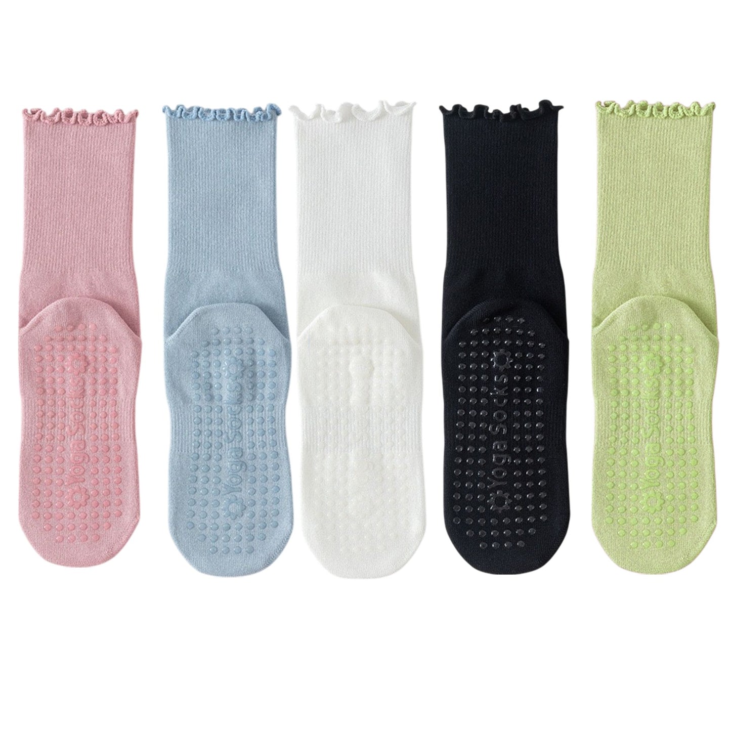Anna-Kaci 5 Pairs Women's Anti-Slip Crew Yoga Socks Soft Cotton Grip Sole Seamless Toe Design for Pilates Indoor Workouts