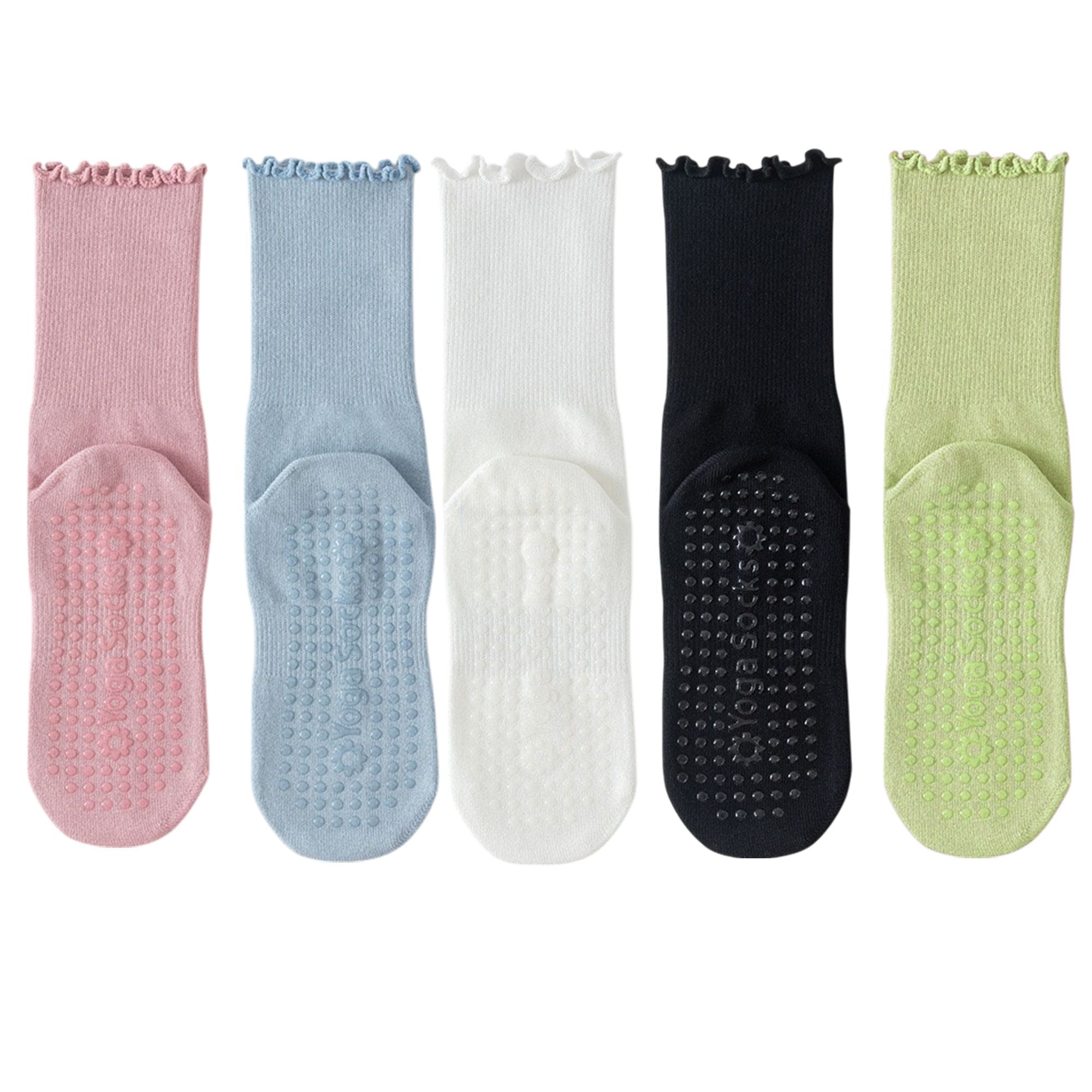 Anna-Kaci 5 Pairs Women's Anti-Slip Crew Yoga Socks Soft Cotton Grip Sole Seamless Toe Design for Pilates Indoor Workouts