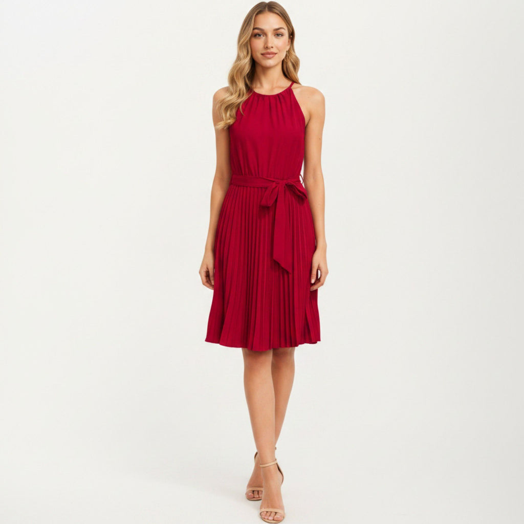 Anna-Kaci Women's Sleeveless Halter Midi Dress with Pleated Skirt and Waist Tie