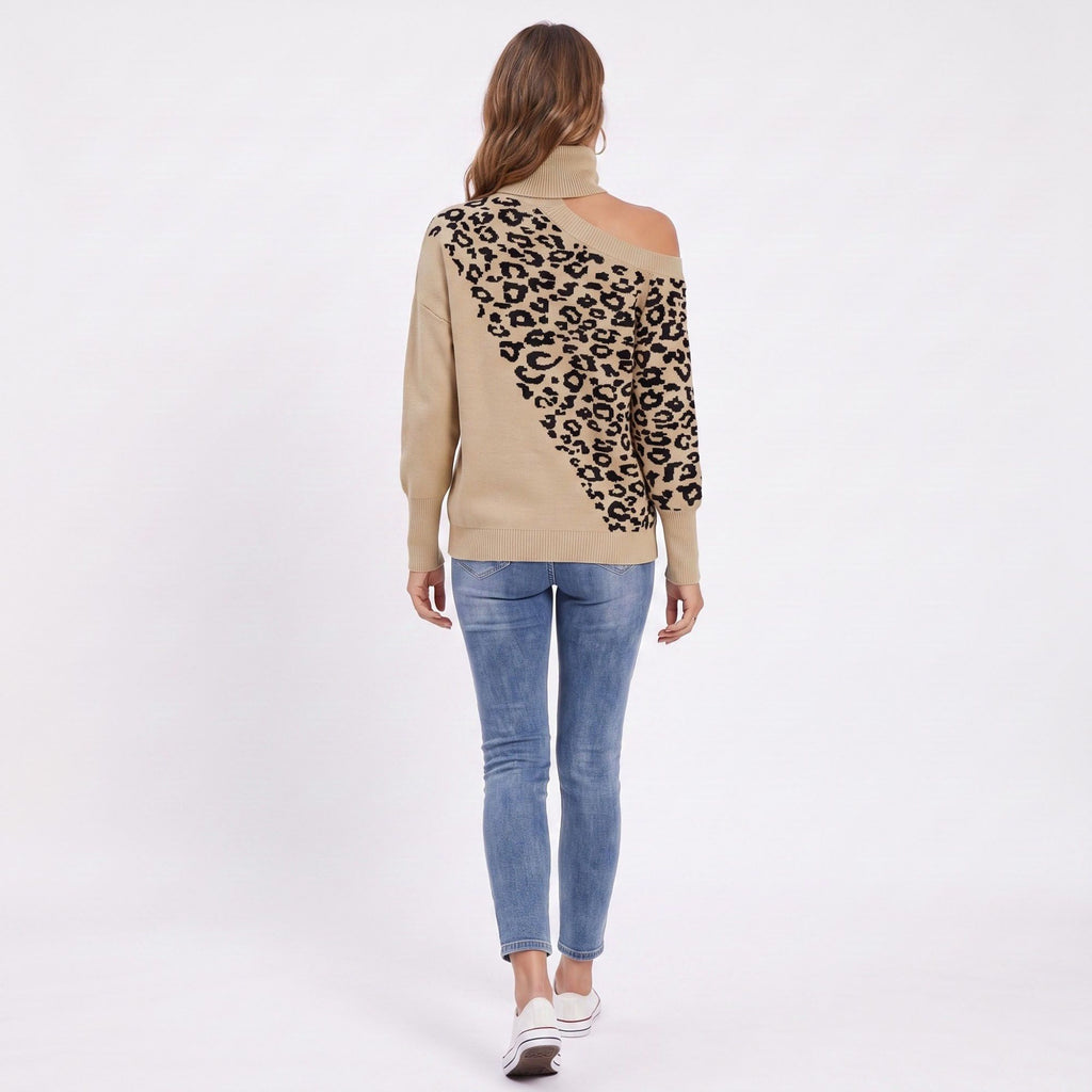 Leopard Print Cold Shoulder Turtleneck Sweater