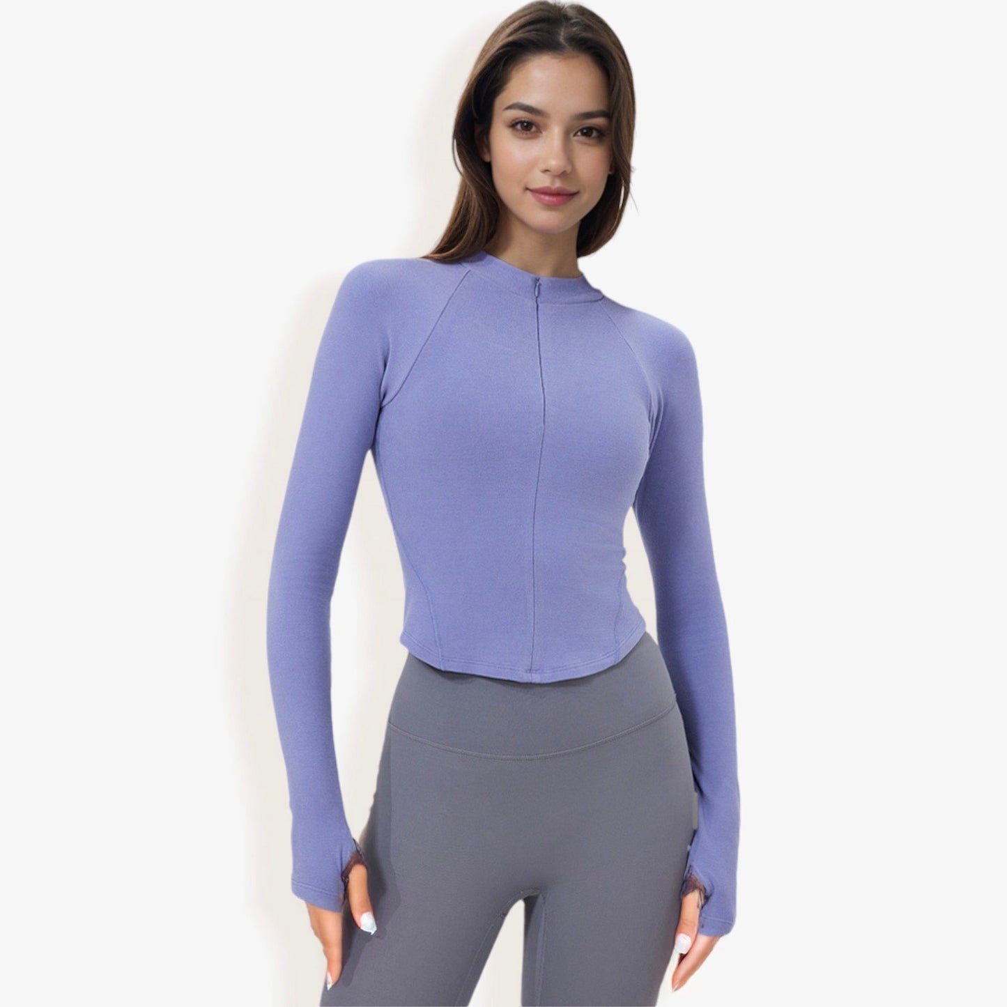 Long Sleeve Zip-Up Fitted Active Top with Thumbholes