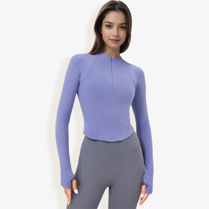 Long Sleeve Zip-Up Fitted Active Top with Thumbholes