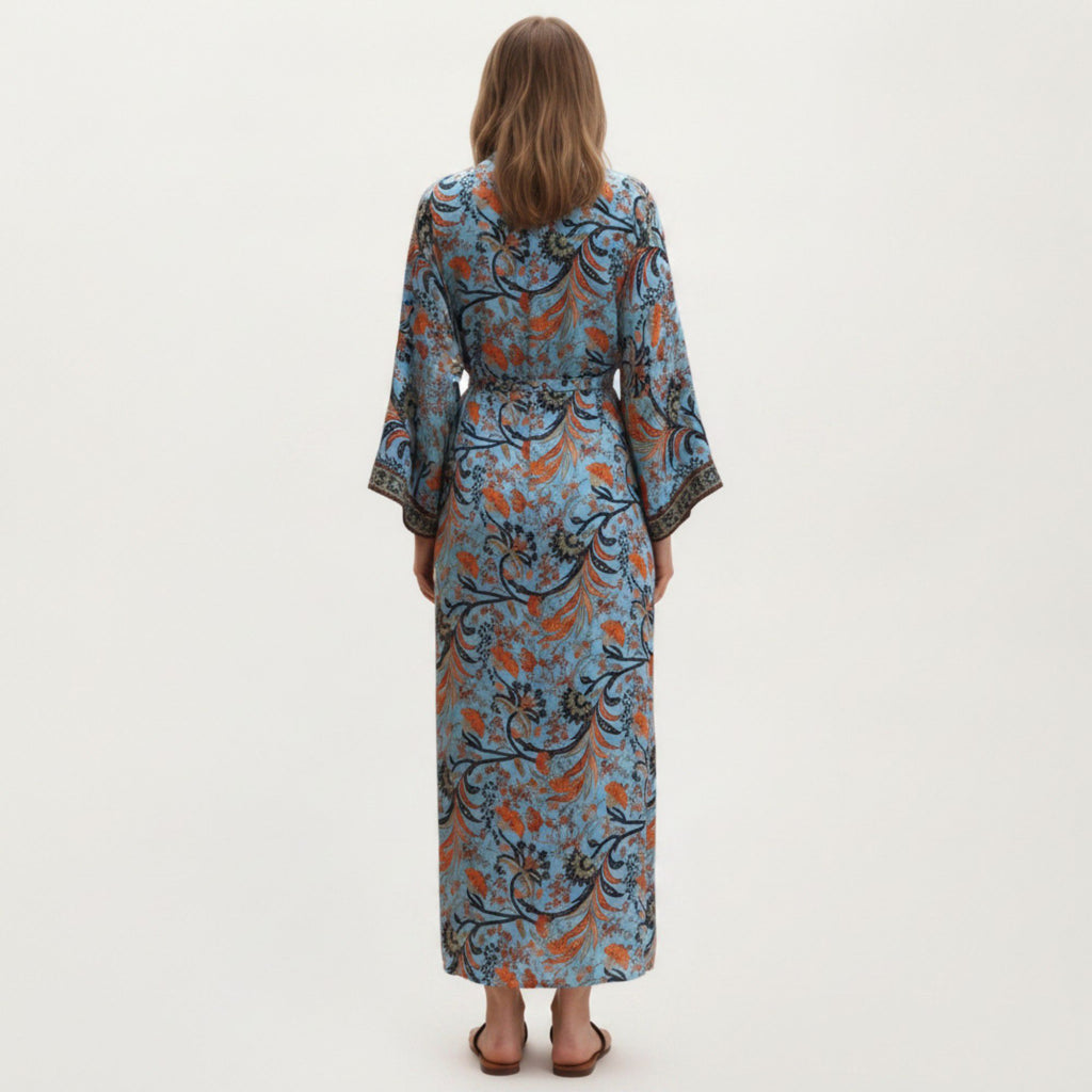 Anna-Kaci Women's Floral Paisley Maxi Dress with Long Sleeves Adjustable Waist Tie and Flowing Relaxed Fit