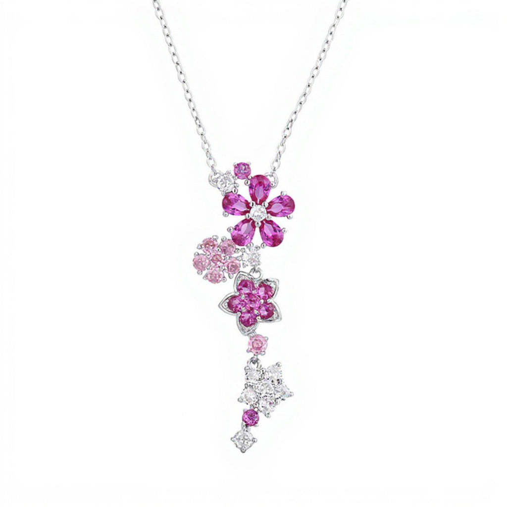 Women's Crystal Flower Pendant Necklace with Cascading Rhinestone Floral Design